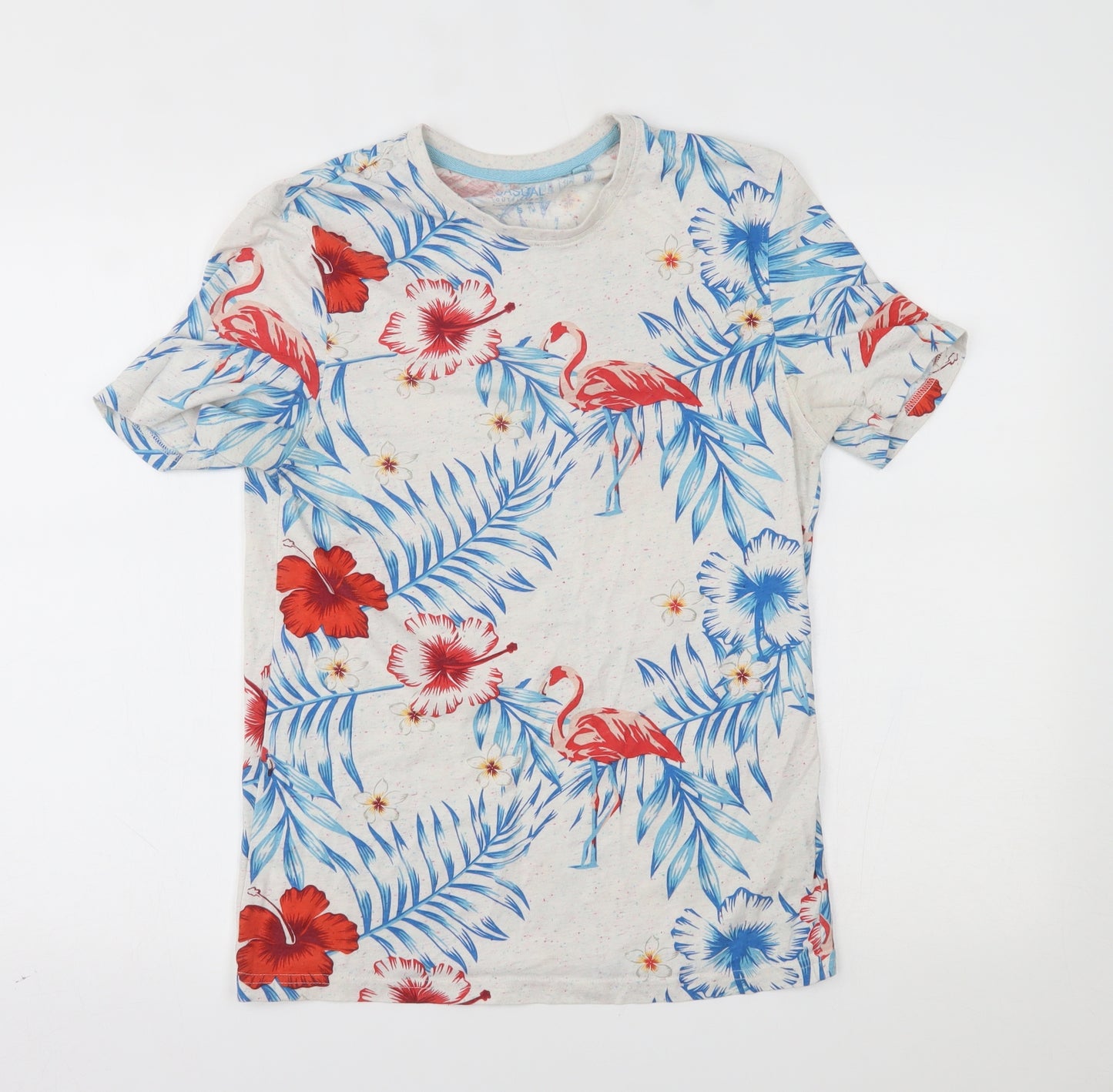 George Mens Grey Floral   T-Shirt Size S  - flamingos