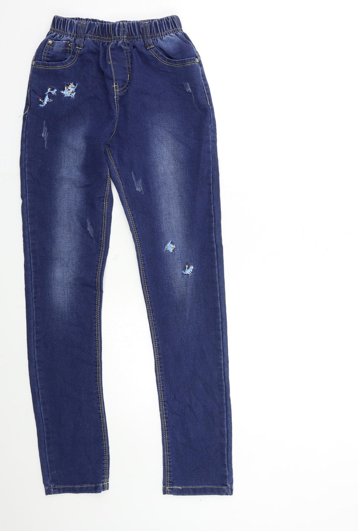 yilihao Girls Blue Floral Denim Skinny Jeans Size 14 Years