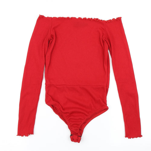 PRETTYLITTLETHING Womens Red   Bodysuit One-Piece Size 4  - Lettuce Edging