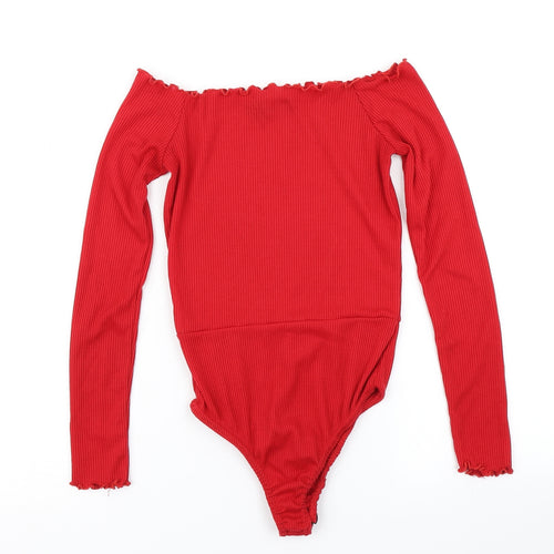 PRETTYLITTLETHING Womens Red   Bodysuit One-Piece Size 4  - Lettuce Edging