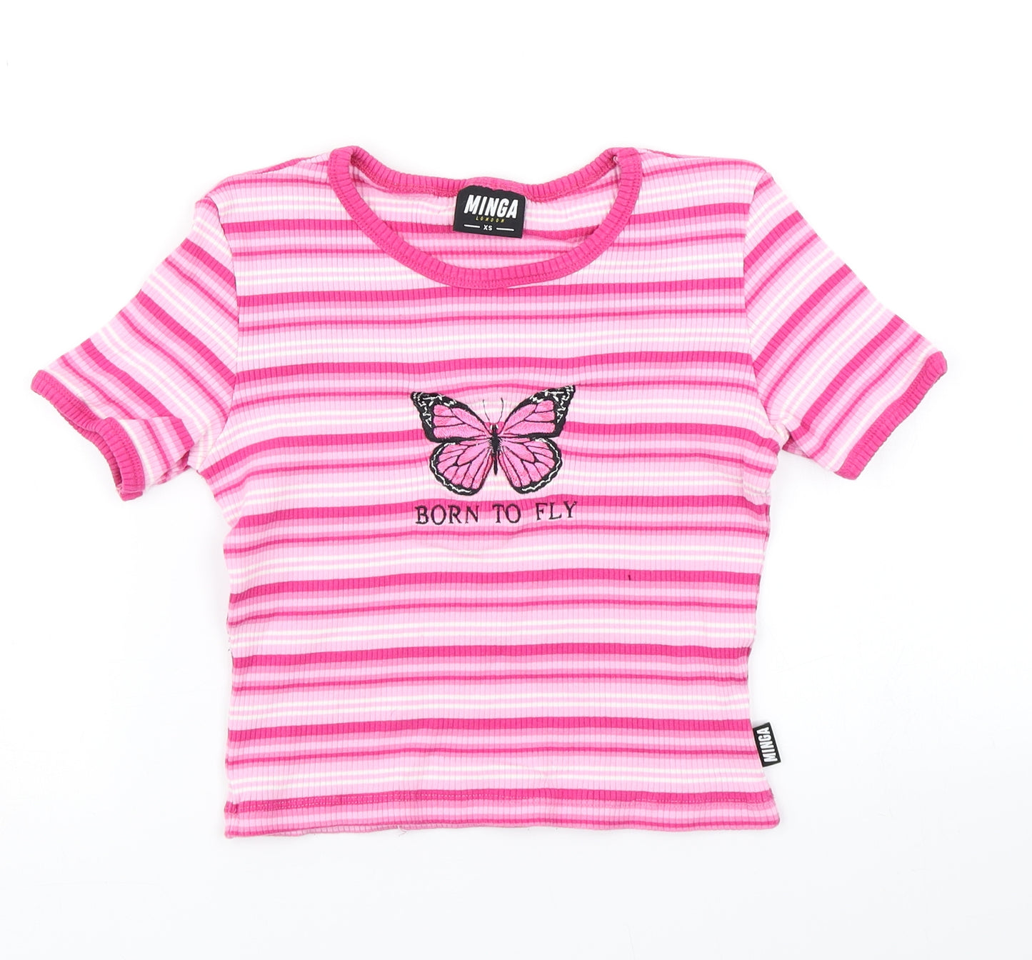 Minga Womens Pink Striped  Cropped T-Shirt Size XS
