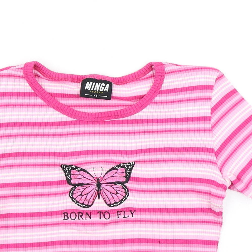 Minga Womens Pink Striped  Cropped T-Shirt Size XS
