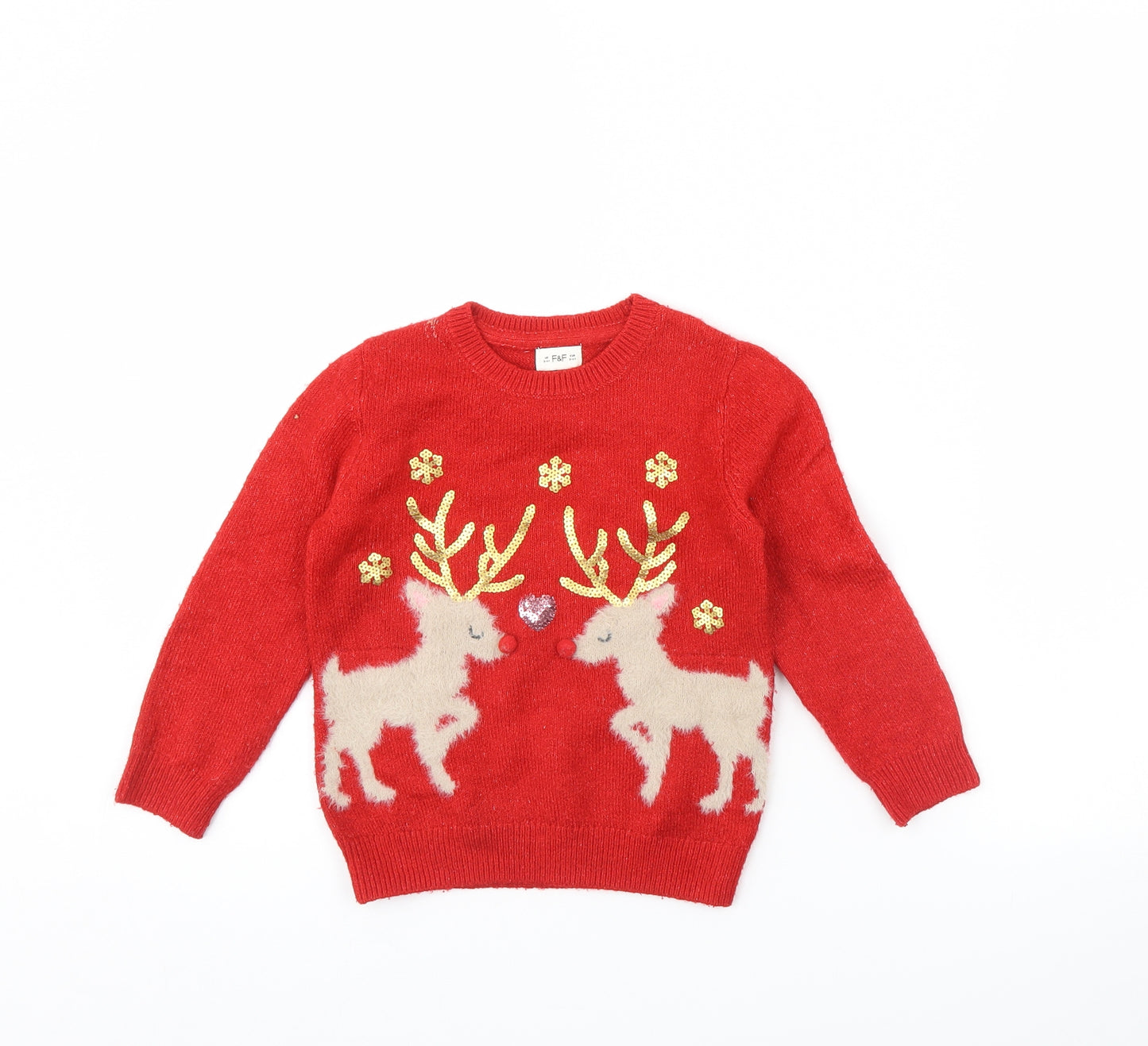 F&F Girls Red   Pullover Jumper Size 3 Years  - Christmas jumper
