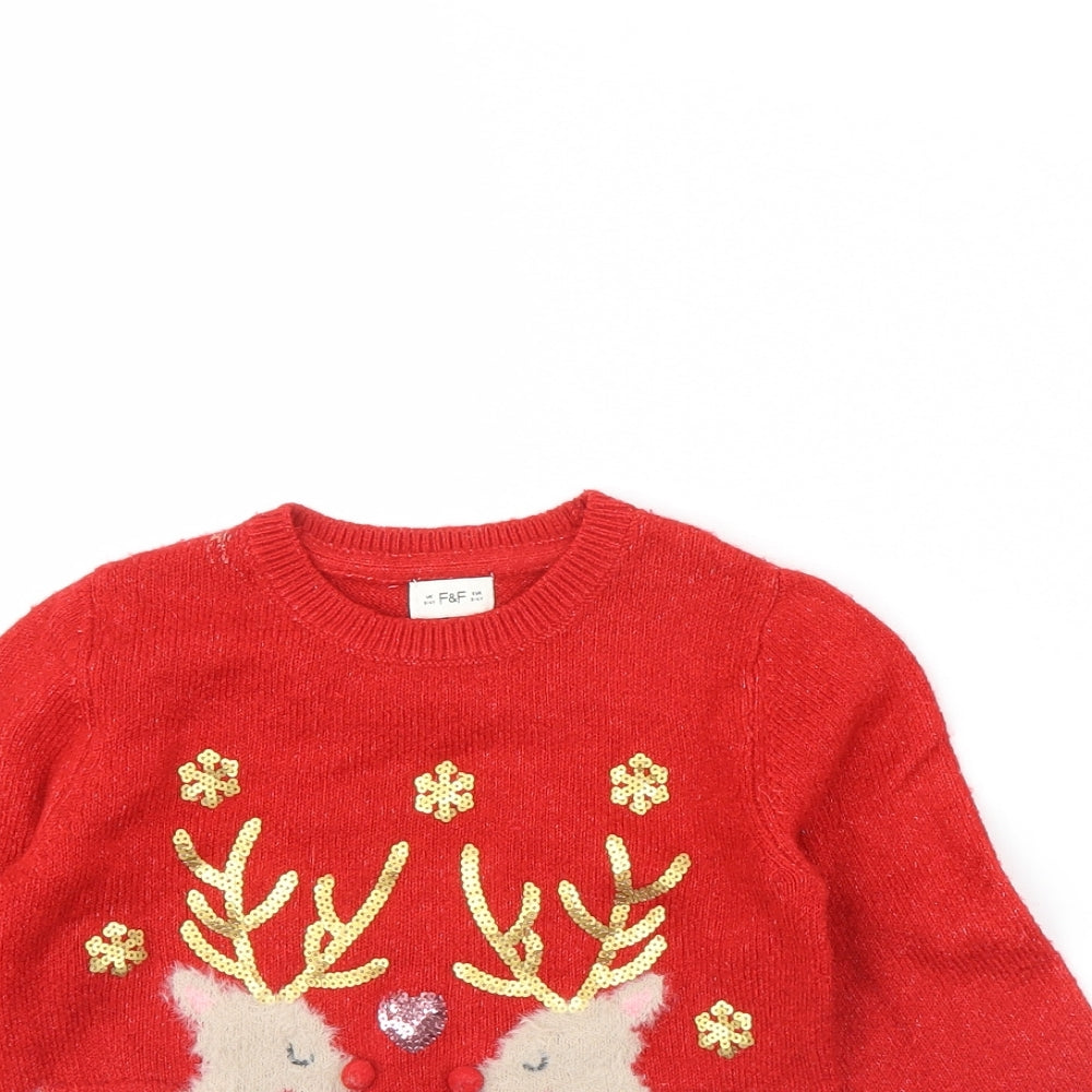 F&F Girls Red   Pullover Jumper Size 3 Years  - Christmas jumper