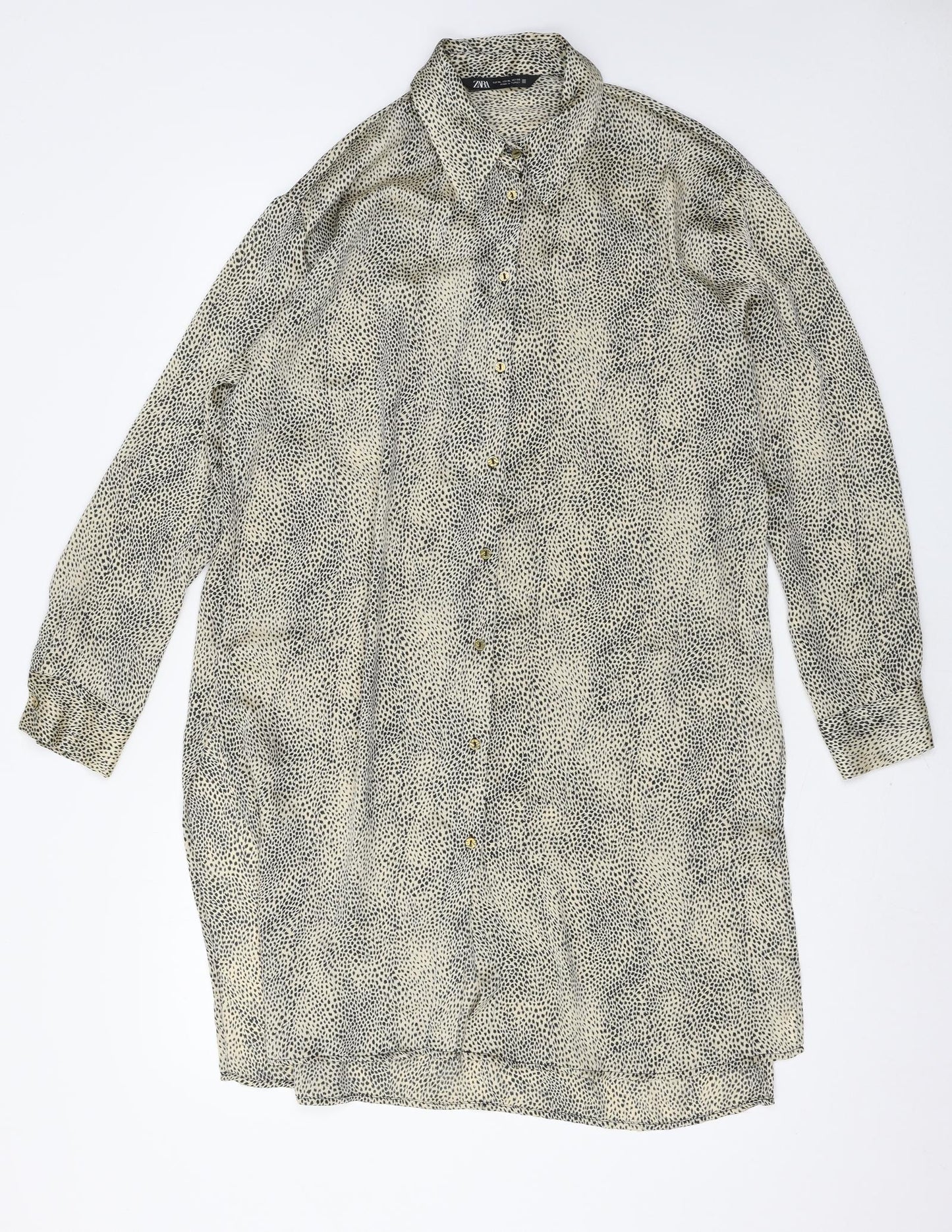 Zara Womens Beige Animal Print Satin Shirt Dress  Size XL