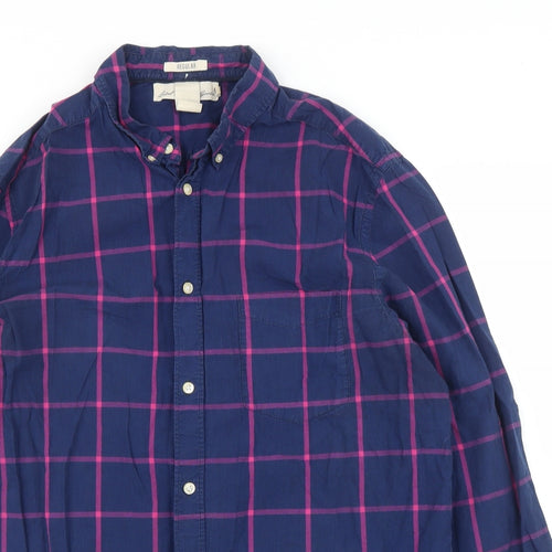 H&M Mens Blue Check   Button-Up Size L