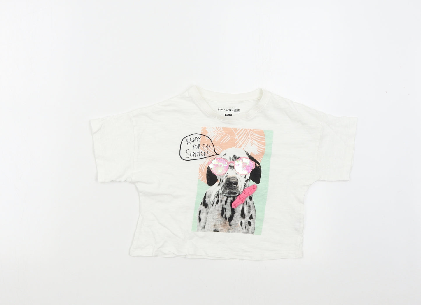 F&F Girls White   Basic T-Shirt Size 7-8 Years  - Dalmatian Summer