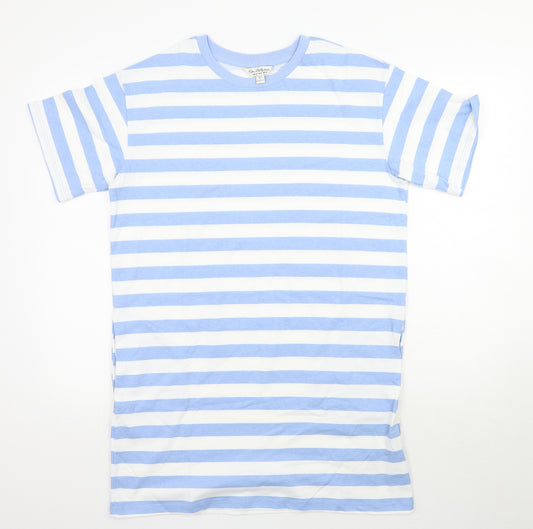Front view of Miss Selfridge women’s blue striped a-line, size UK 10