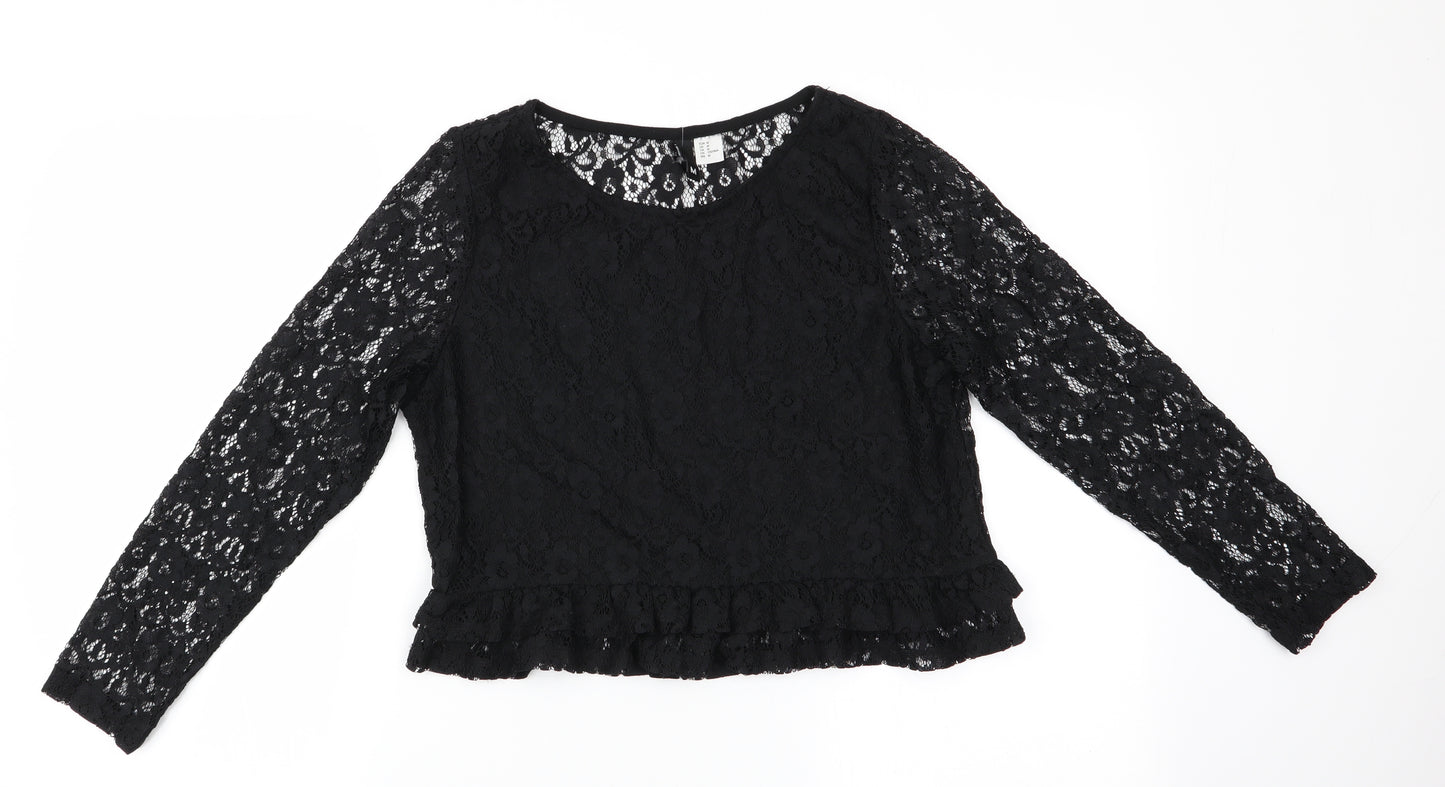 Divided Womens Black Floral  Basic Blouse Size 10  - lace overlay blouse