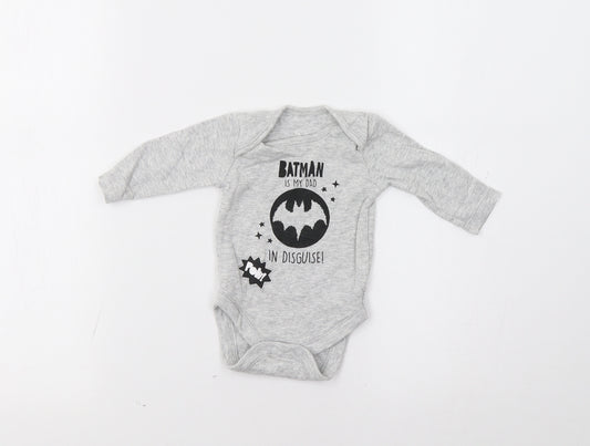 Front view of George Baby Grey Romper One-Piece, size 0-3, Months - Batman