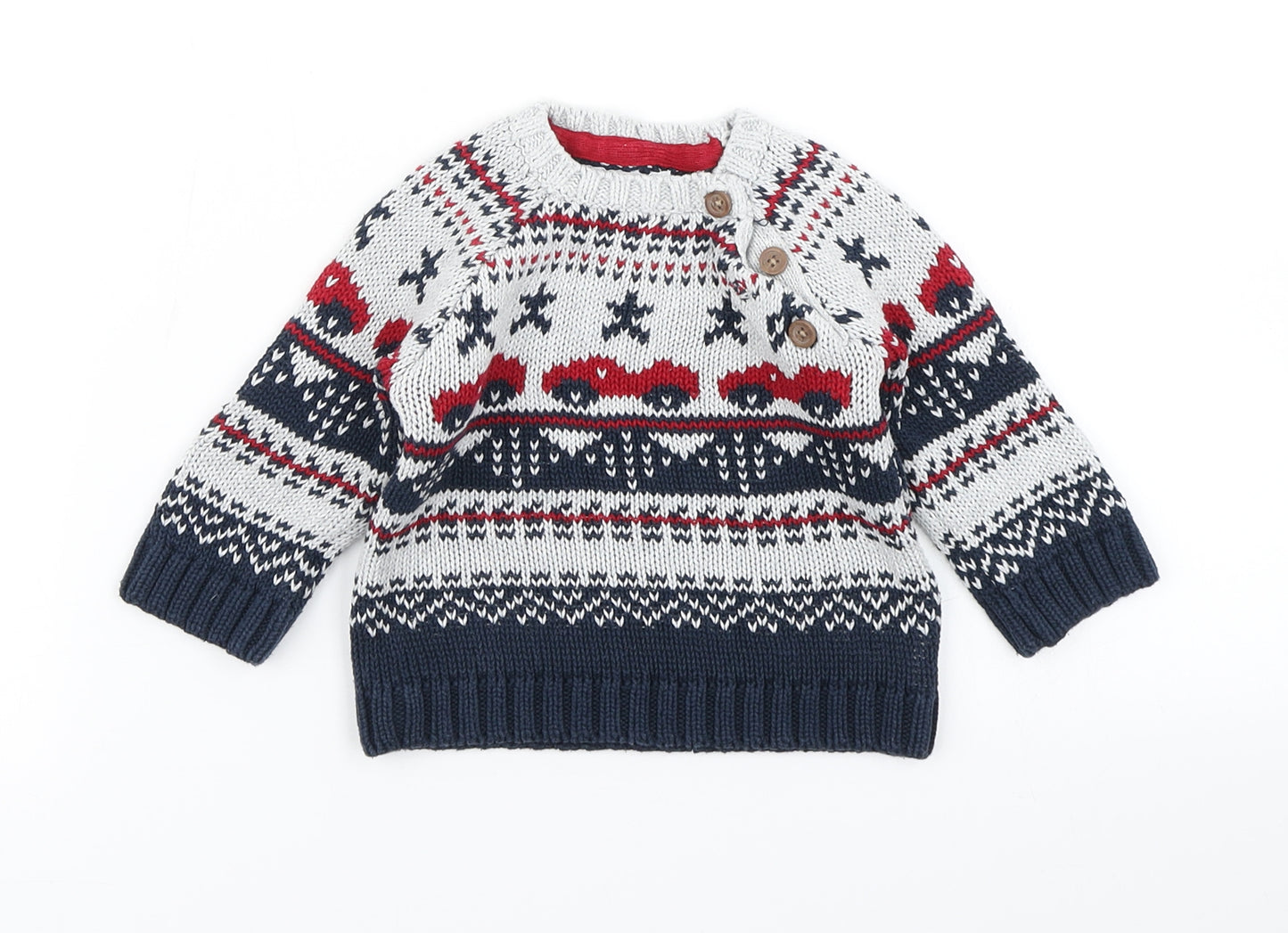 Fred & Flo Boys Blue Fair Isle Knit Pullover Jumper Size 0-3 Months  - Racing Car