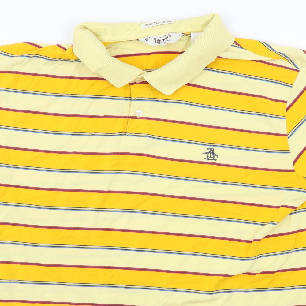 Penguin Mens Yellow Striped Jersey  Polo Size L