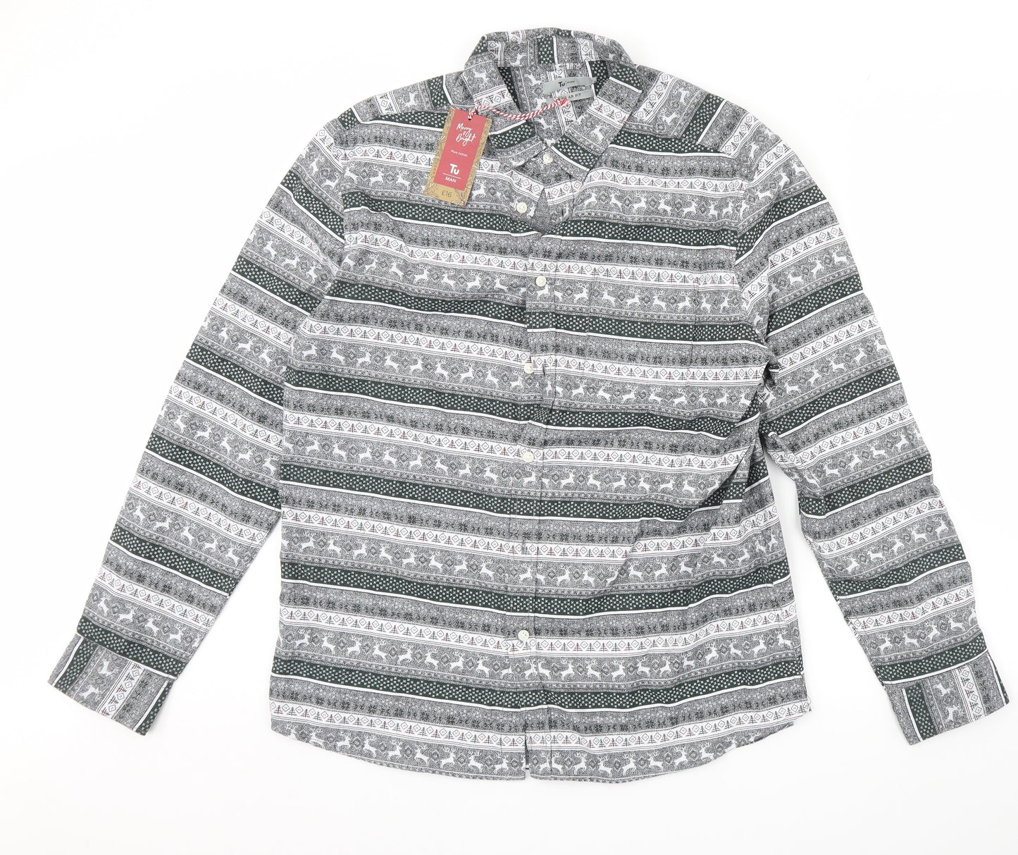 TU Mens Grey Striped   Dress Shirt Size L  - Christmas