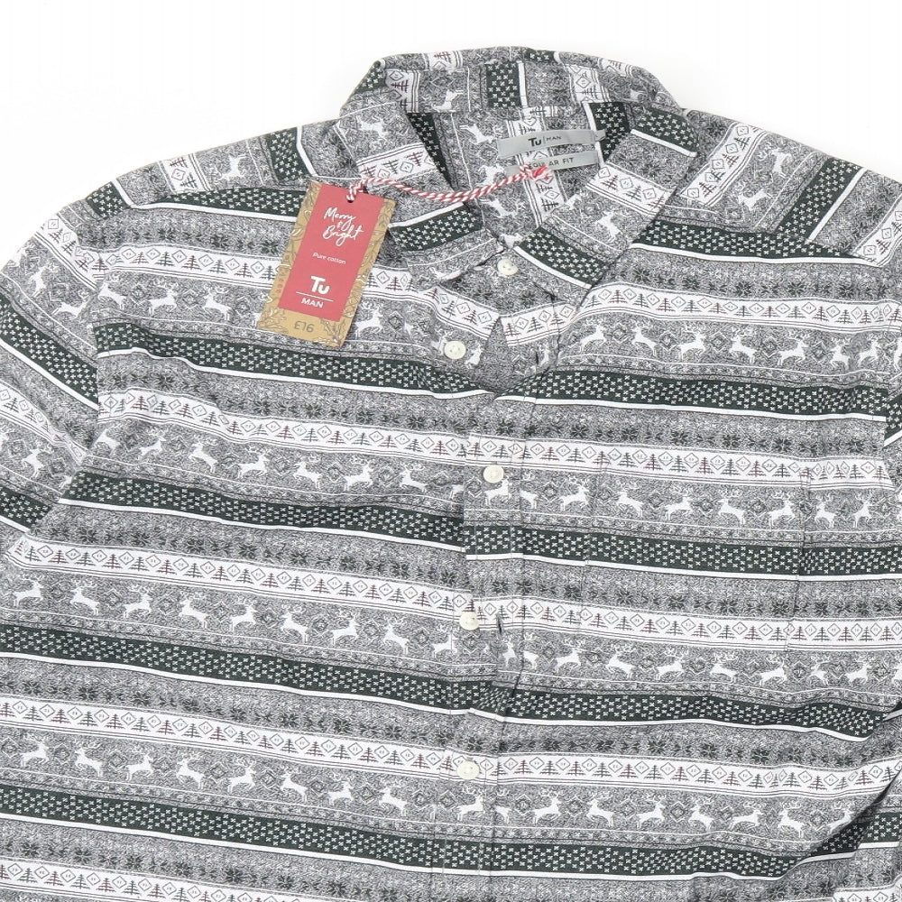TU Mens Grey Striped   Dress Shirt Size L  - Christmas