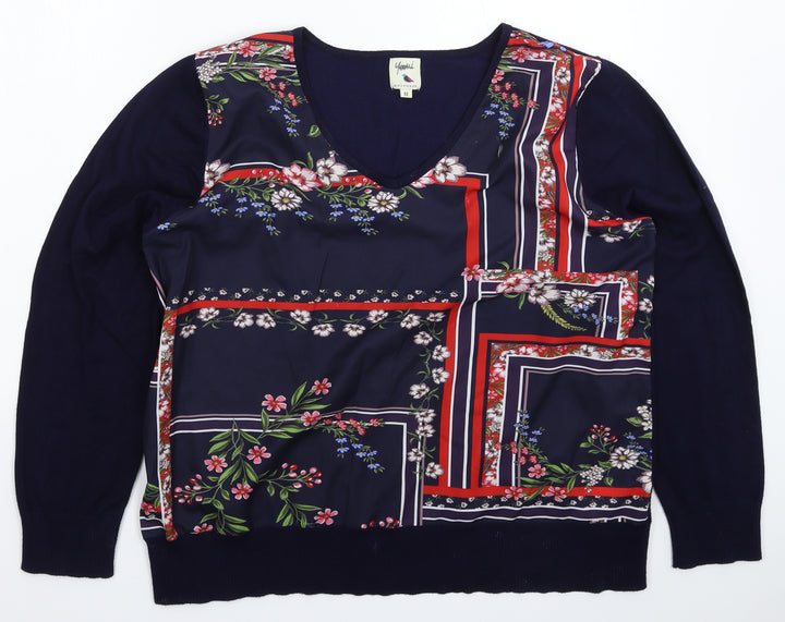 Yumi Womens Blue Floral Knit Pullover Jumper Size M - Oversized