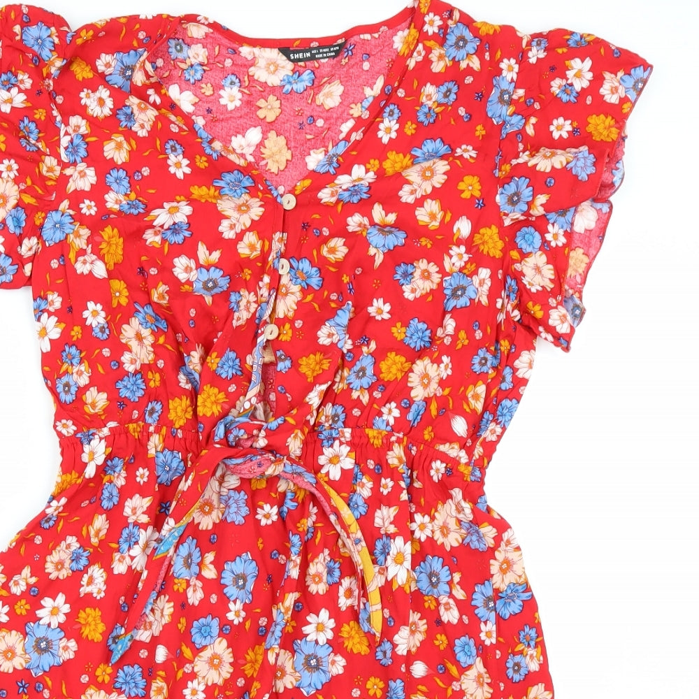 Shien Womens Red Floral  Shirt Dress  Size M