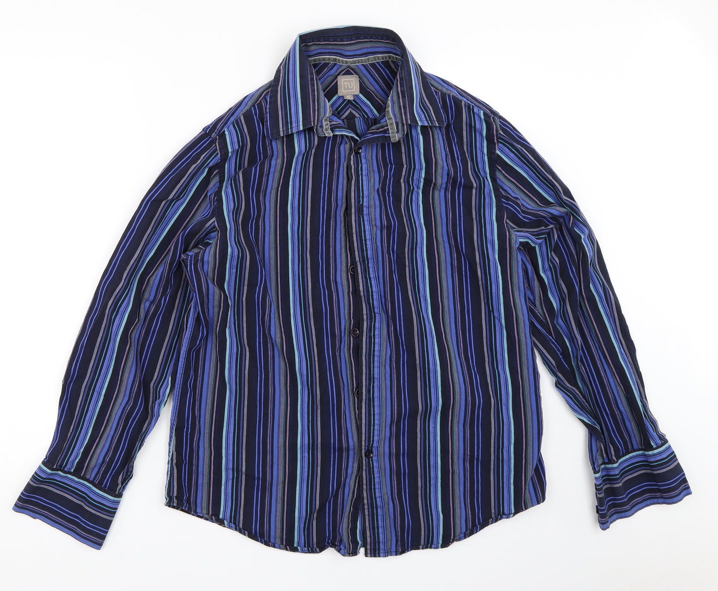 TU Mens Blue Striped   Button-Up Size M