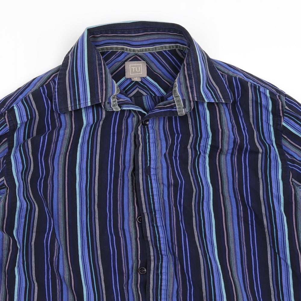 TU Mens Blue Striped   Button-Up Size M