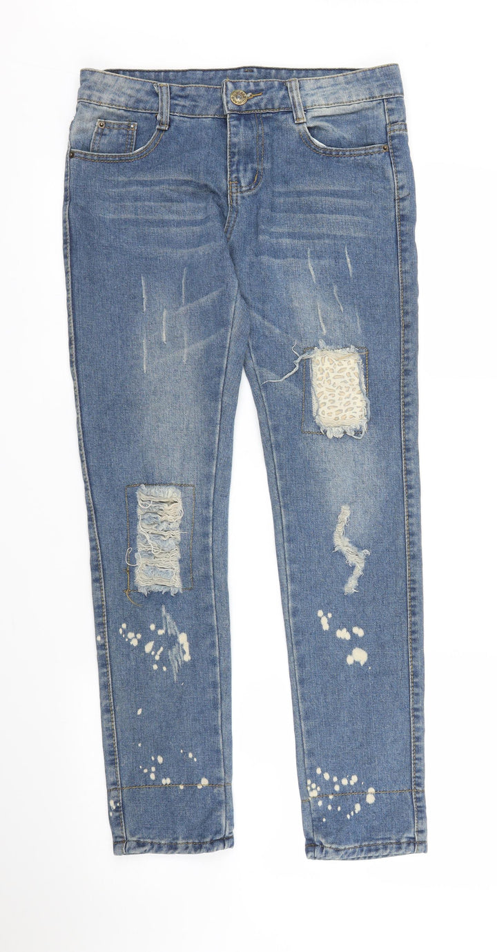 Preworn Womens Blue Animal Print Denim Skinny Jeans Size S L28 in - Leopard print