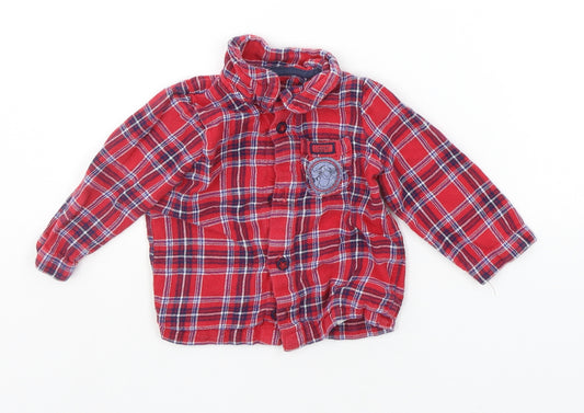 Front view of George Baby Red Check Basic Button-Up, size 6-9, Months