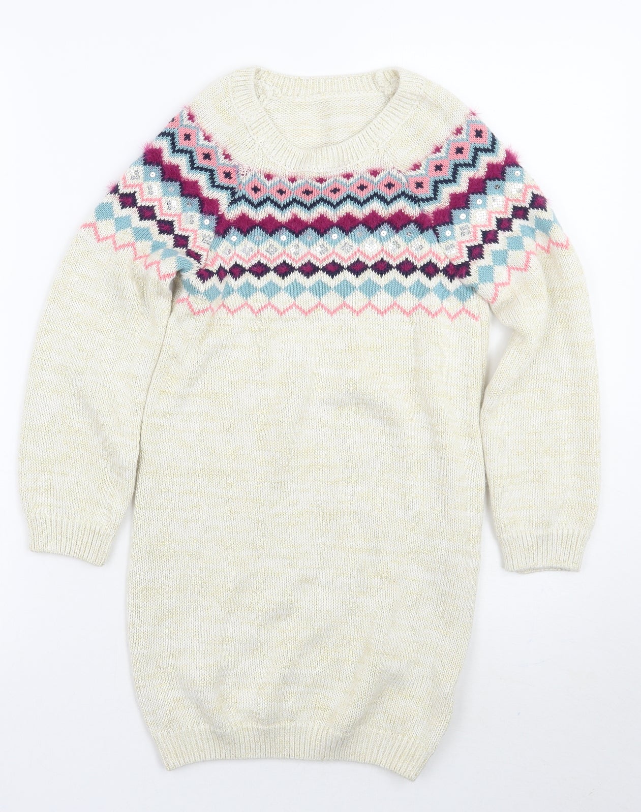 Nutmeg Girls Gold Fair Isle  Pullover Jumper Size 9-10 Years