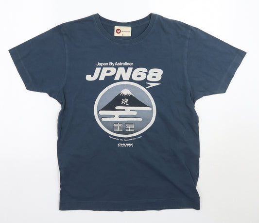 Front view of CNK men’s blue t-shirt, size S