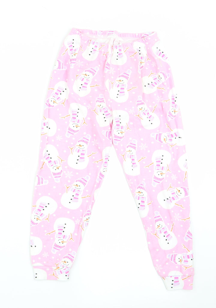 Preworn Girls Pink Solid Pyjama Pants Size 7-8 Years - Snowman Print