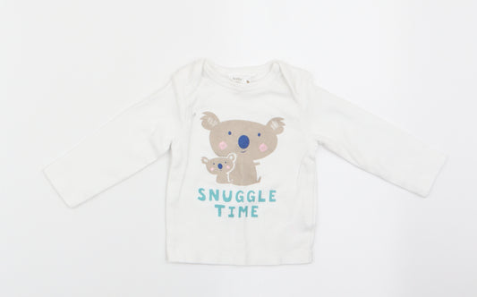 Front view of M&Co boys’ white animal print pyjama top, size 6-9, months - snuggle time