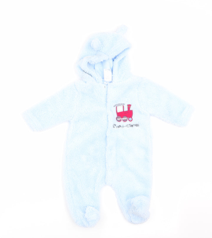 Little but Loud Boys Blue Babygrow One-Piece Size 0-3 Months - Ears on Hood Train Logo