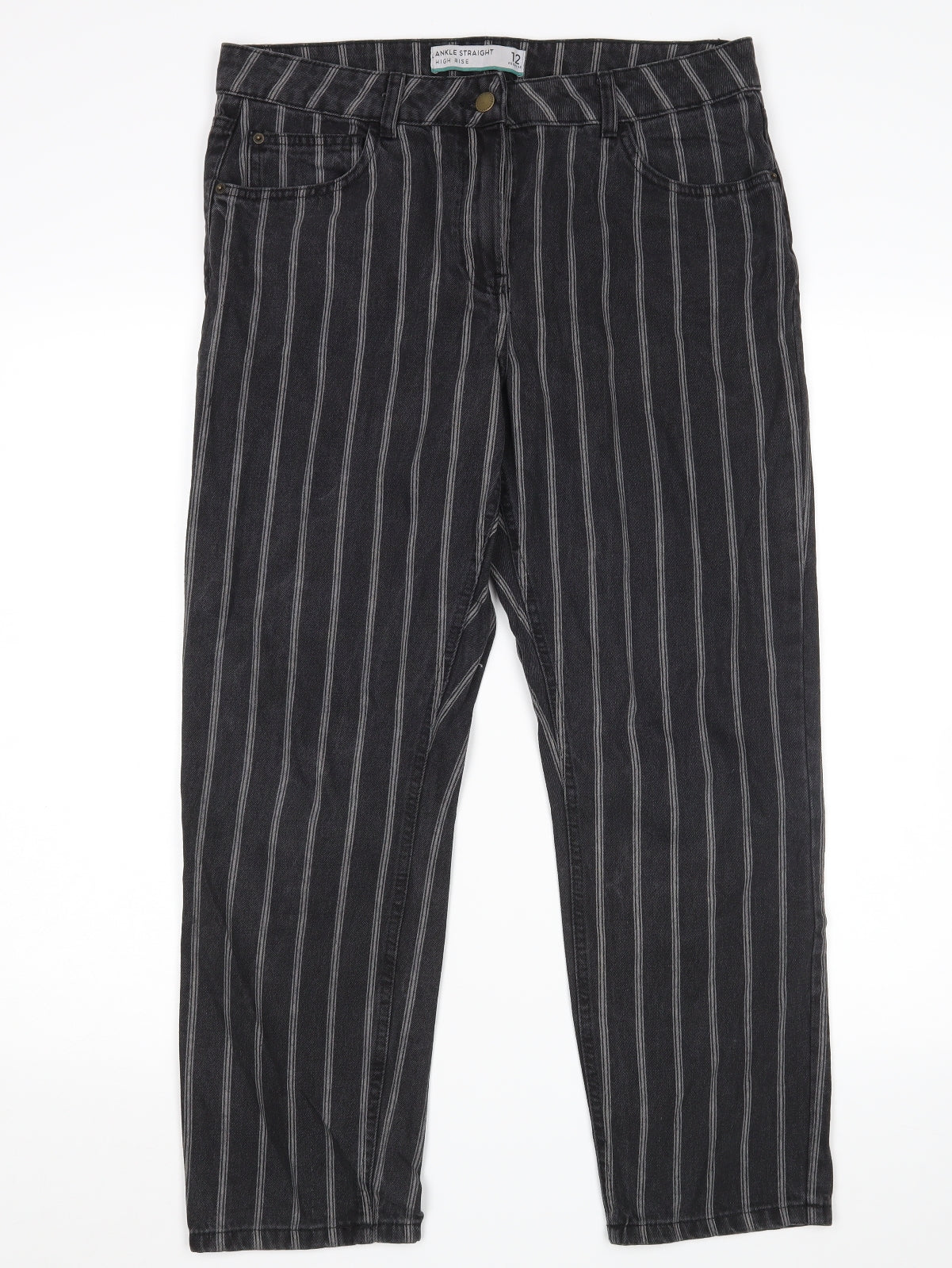 NEXT Womens Black Striped  Straight Jeans Size 12 L26 in - Ankle grazer
