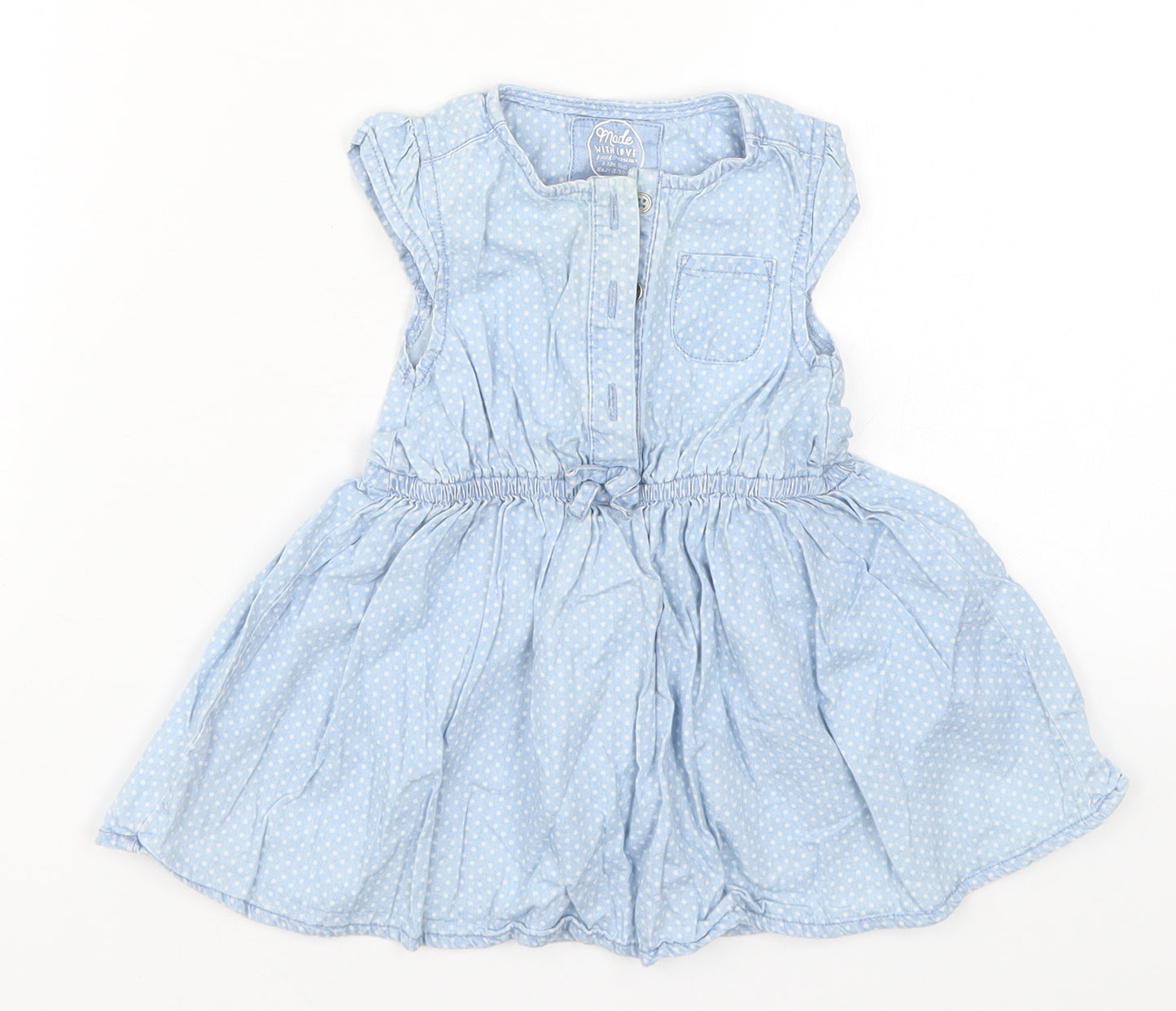 Young Dimension Girls Blue Polka Dot Denim Skater Dress  Size 9-12 Months
