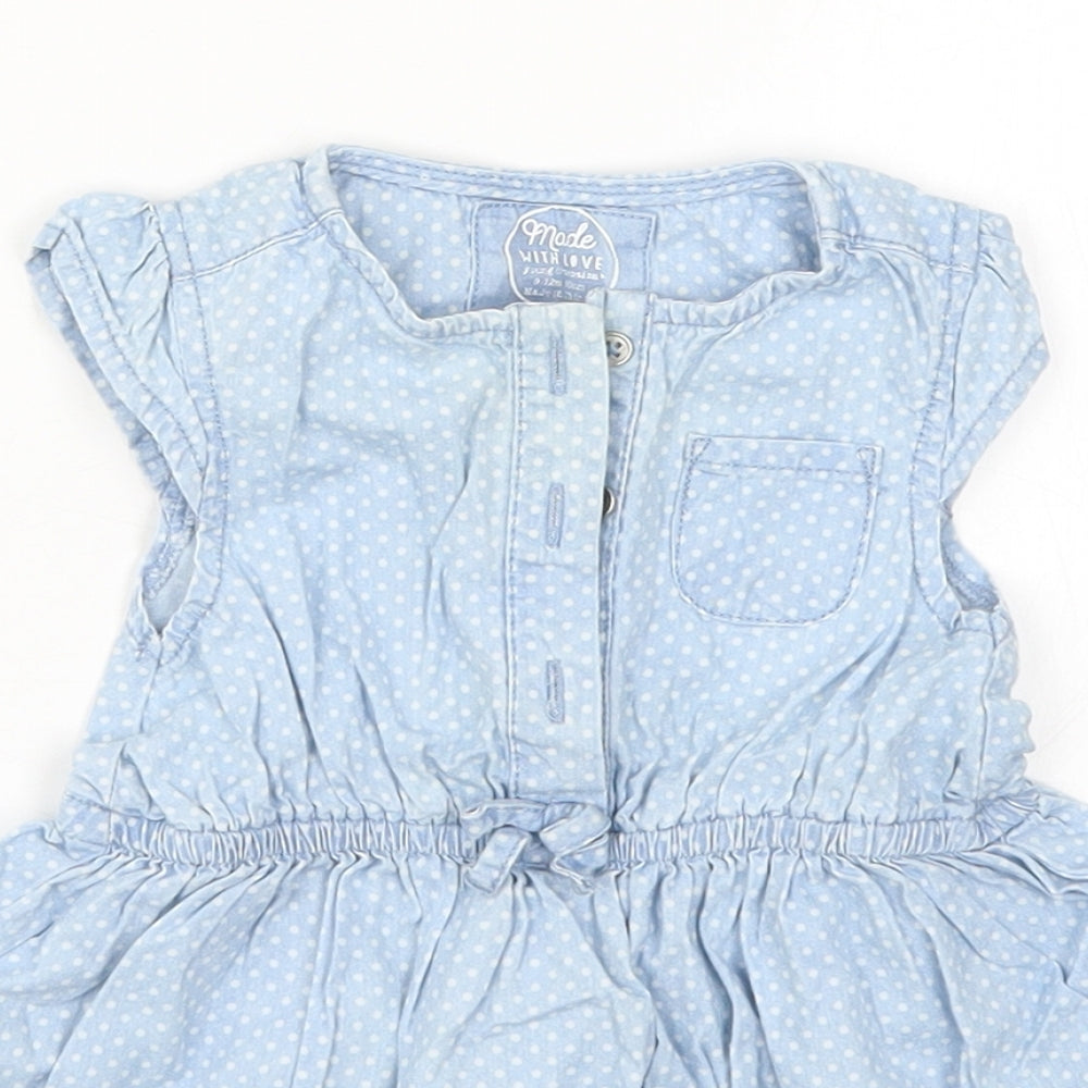 Young Dimension Girls Blue Polka Dot Denim Skater Dress  Size 9-12 Months