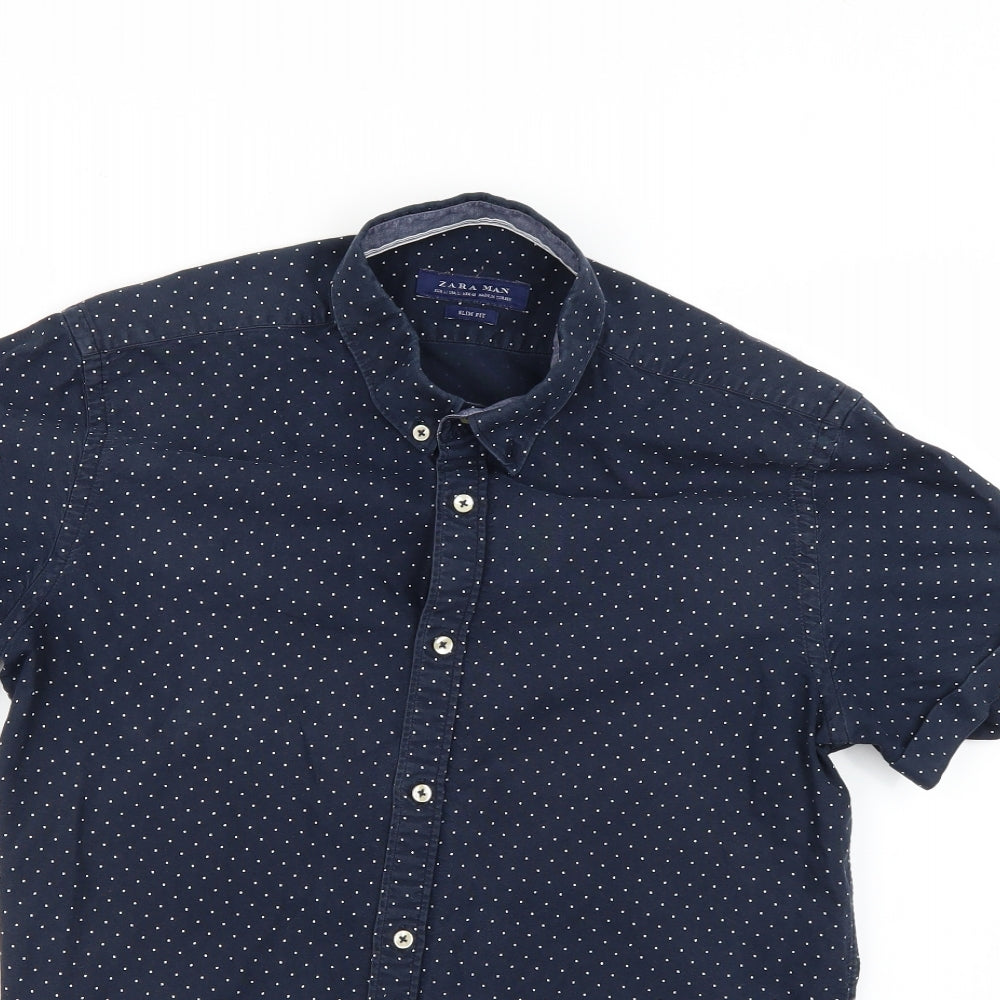 Zara Mens Blue Polka Dot   Button-Up Size L