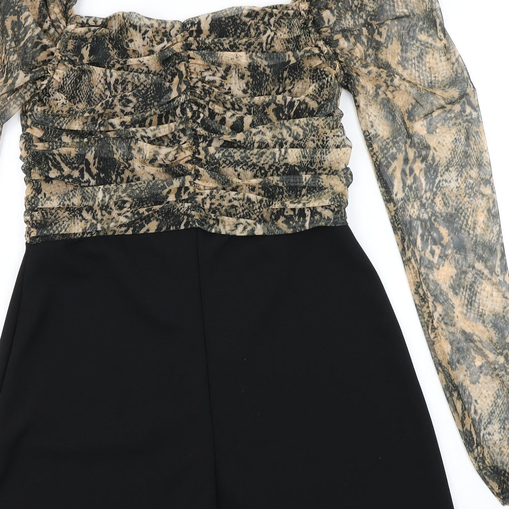 Missguided Womens Black Animal Print  Romper One-Piece Size 10  - Mesh Sleeve