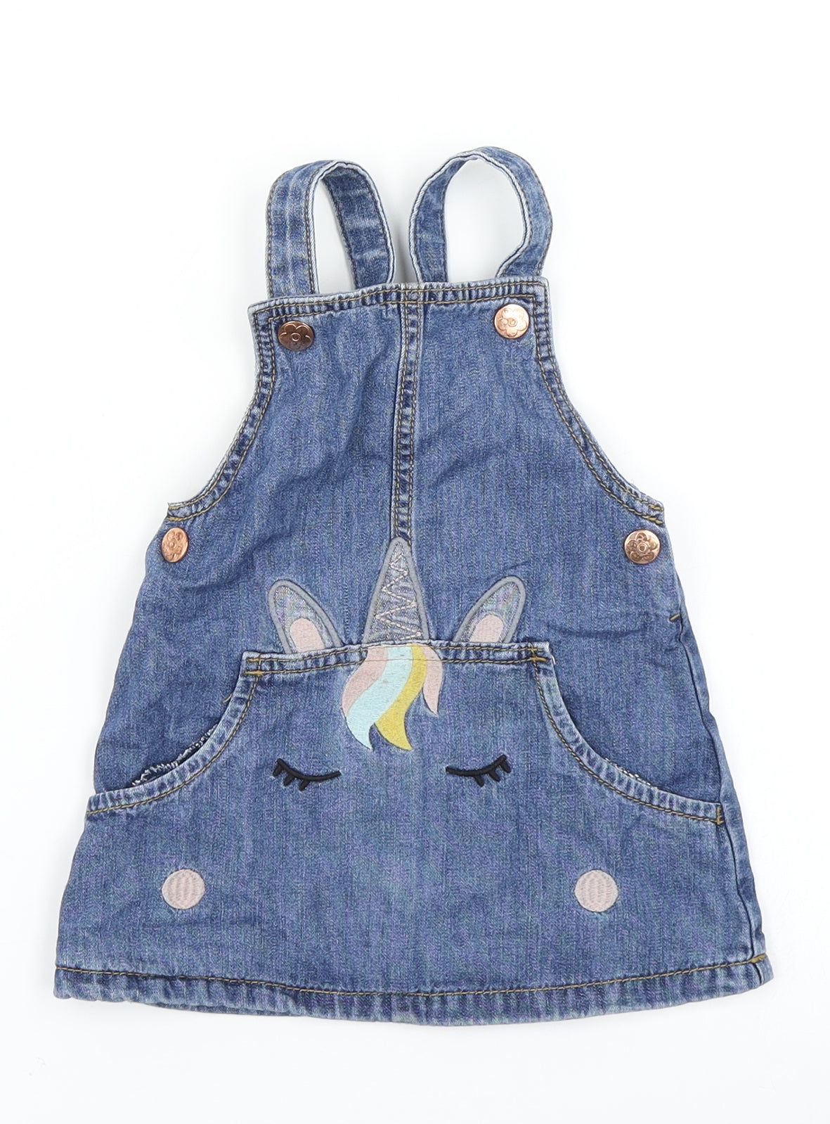 F&F Girls Blue  Denim Pinafore/Dungaree Dress  Size 12-18 Months  - unicorn