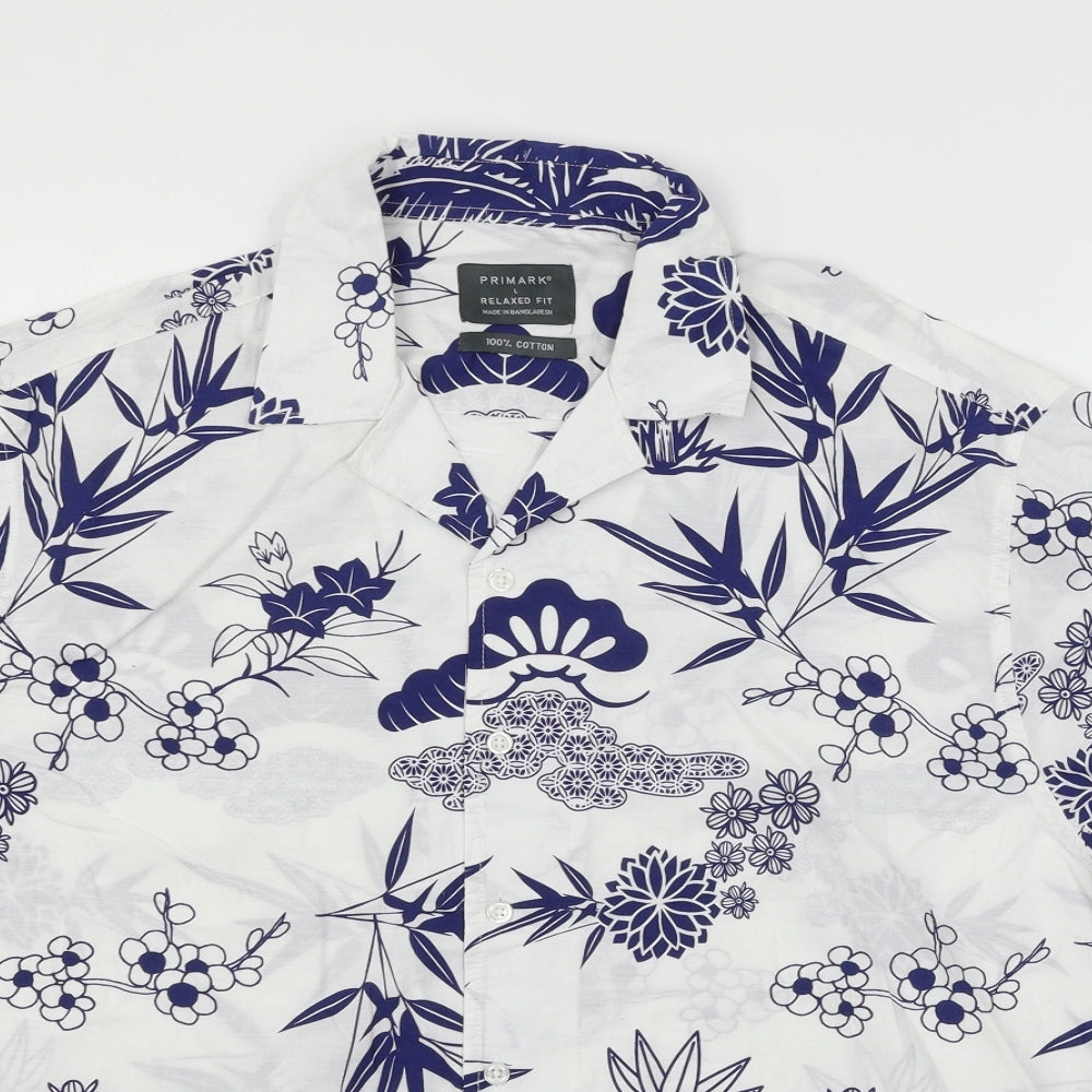 Primark Mens White Floral   Button-Up Size L
