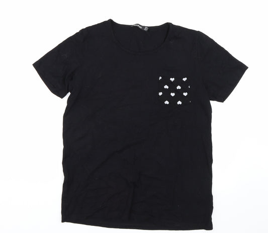 Front view of Boohoo women’s black basic t-shirt, size UK 12