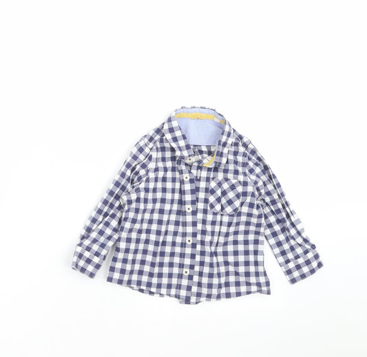 Front view of Preworn boys’ blue check basic button-up, size 12-18, months