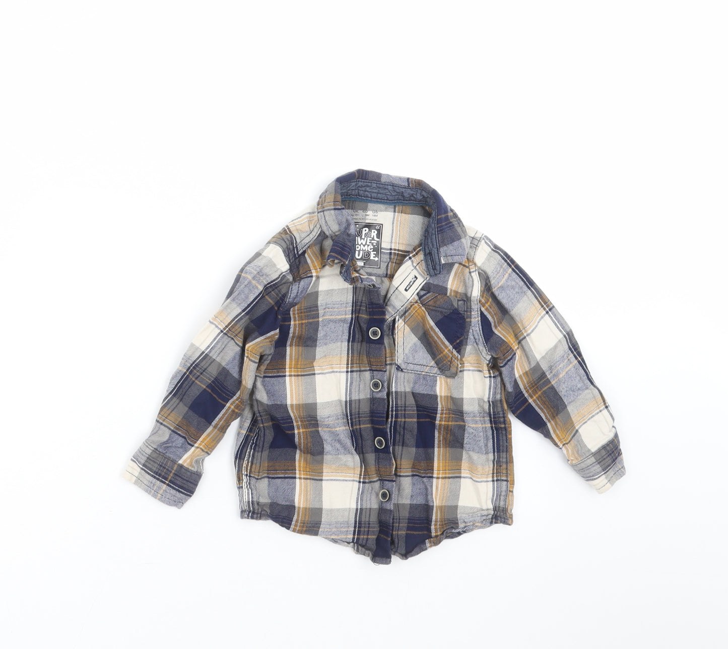 F&F Boys Blue Plaid  Basic Button-Up Size 12-18 Months  - dinosaur