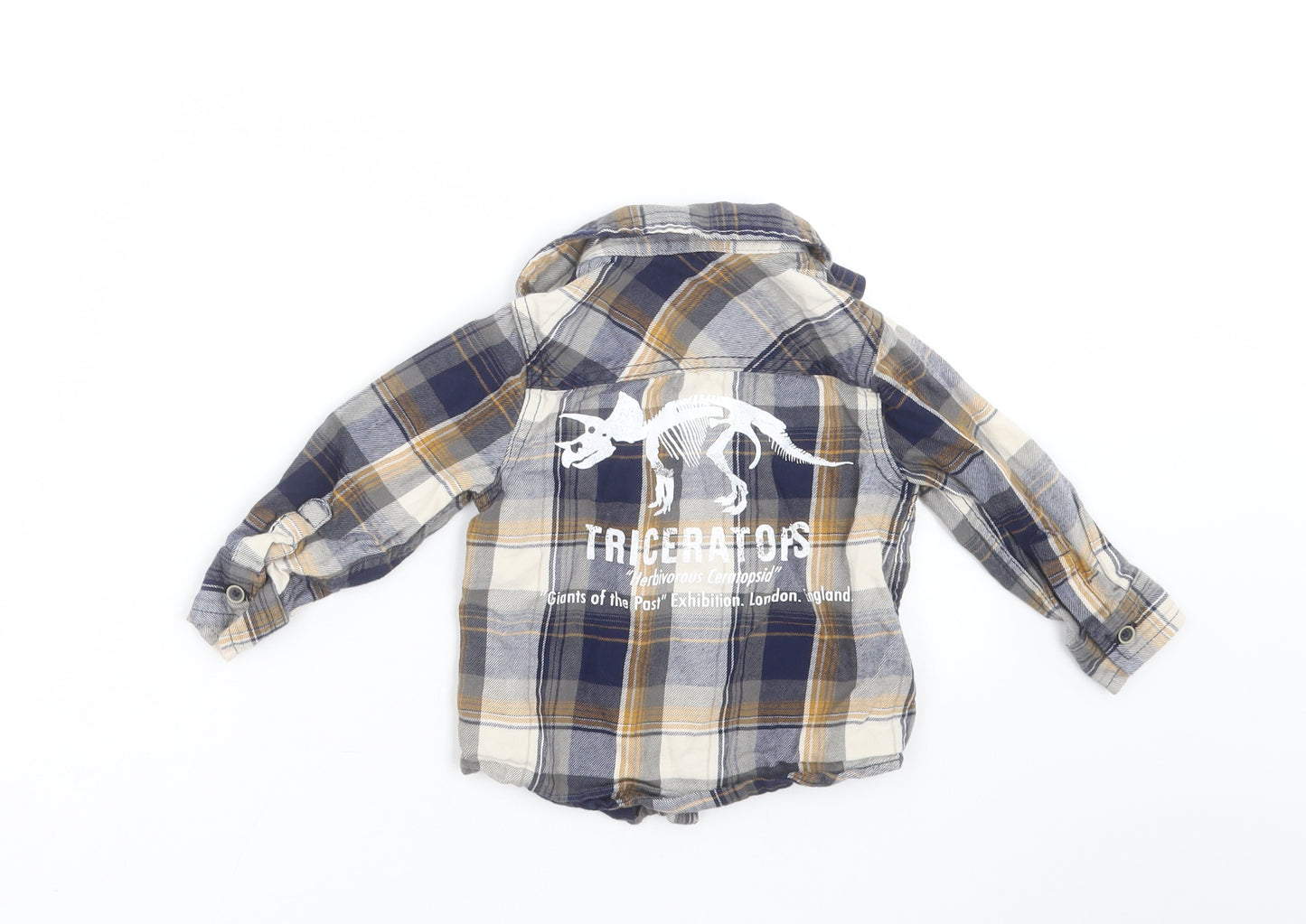 F&F Boys Blue Plaid  Basic Button-Up Size 12-18 Months  - dinosaur