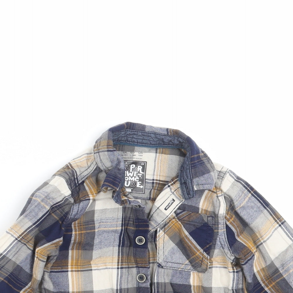 F&F Boys Blue Plaid  Basic Button-Up Size 12-18 Months  - dinosaur