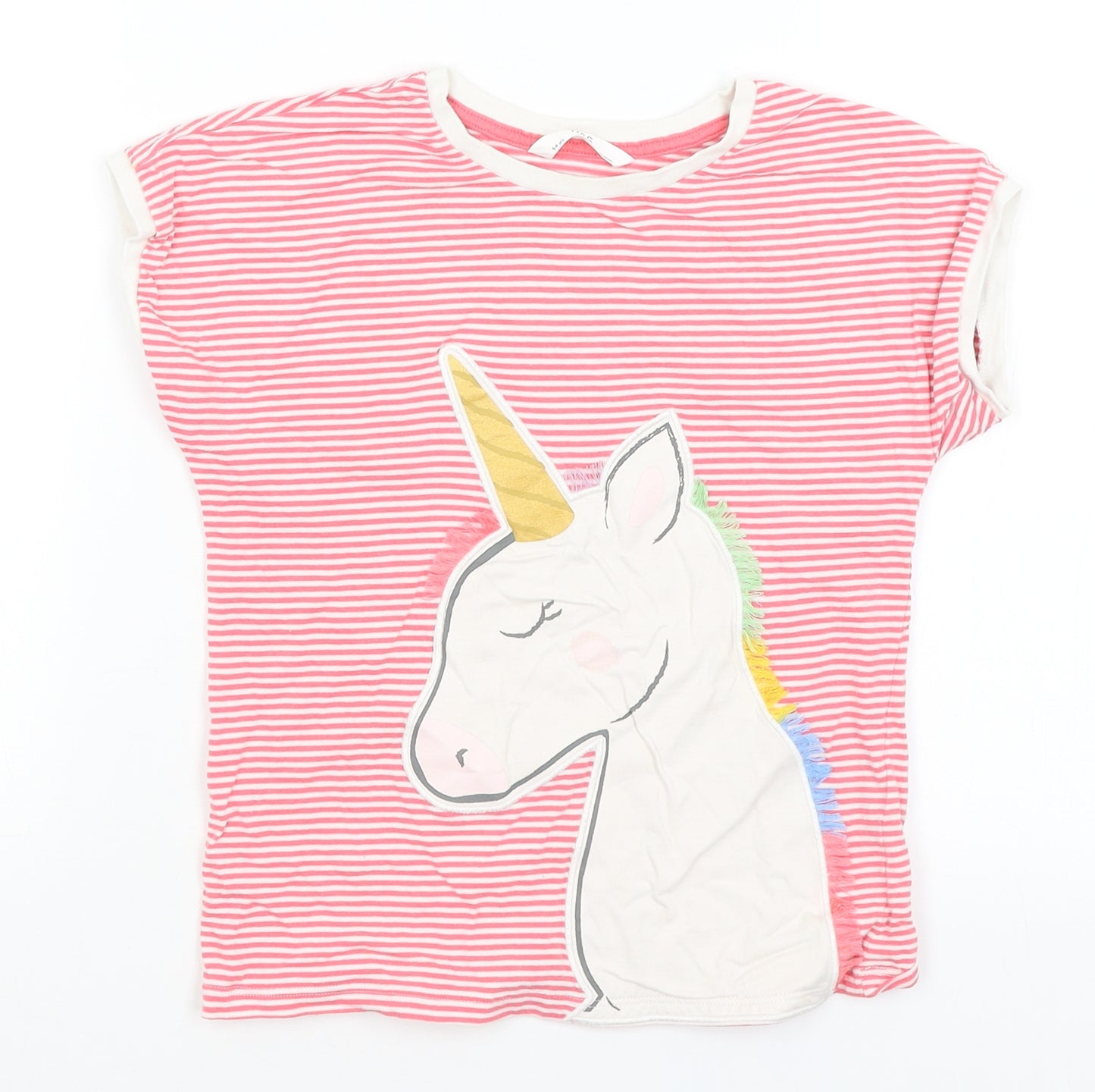 M&S Girls Pink Striped  Basic T-Shirt Size 5-6 Years  - Unicorn