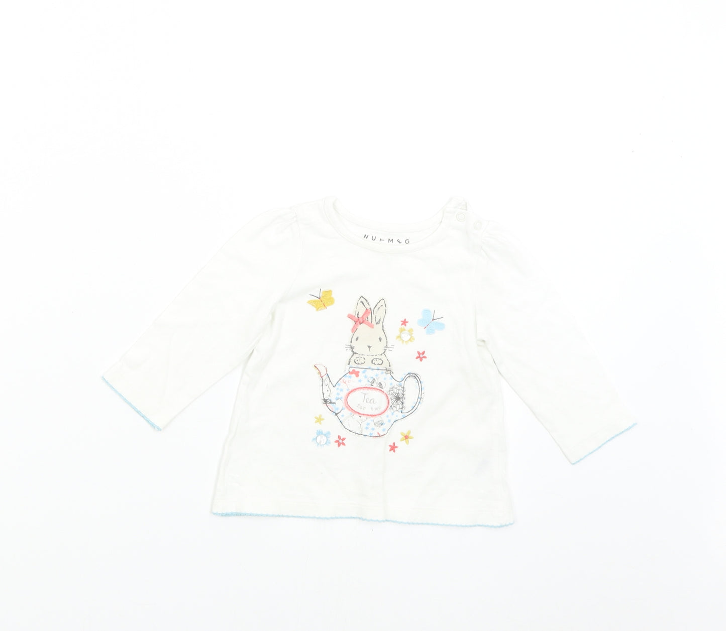 Nutmeg Baby White   Basic T-Shirt Size 6-9 Months  - Bunny Rabbit Teapot