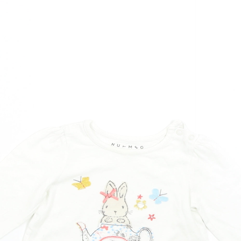Nutmeg Baby White   Basic T-Shirt Size 6-9 Months  - Bunny Rabbit Teapot