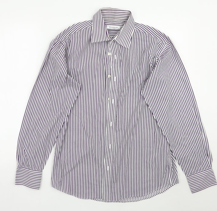 Butler and webb Mens White Striped Rayon  Button-Up Size 15.5