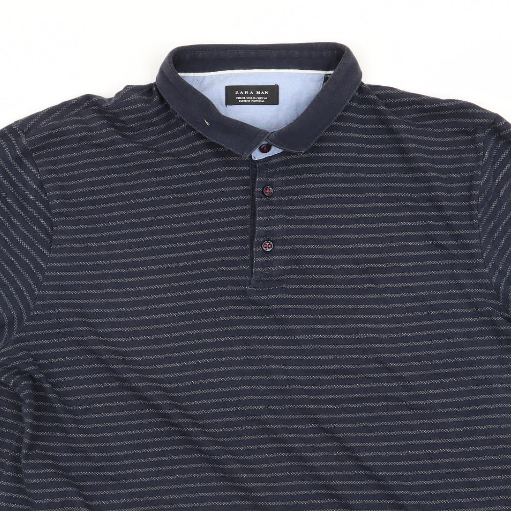 Zara Man Mens Blue Striped   Polo Size XL