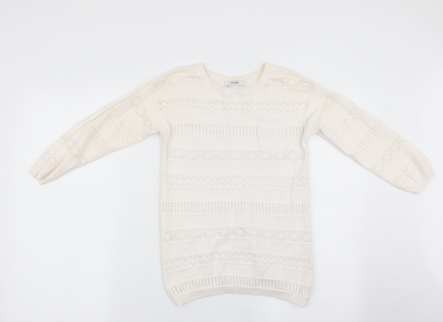 George Girls Ivory Striped  Pullover Jumper Size 10-11 Years  - Crochet style detail
