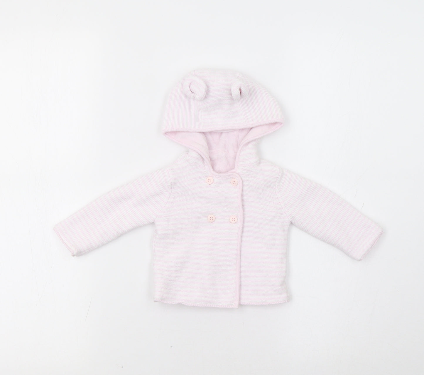 Mothercare Baby Pink Striped  Cardigan Jumper Size 36 Months  - Bear Hood