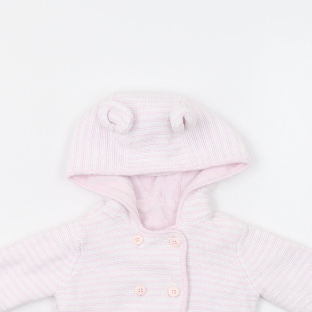 Mothercare Baby Pink Striped  Cardigan Jumper Size 36 Months  - Bear Hood