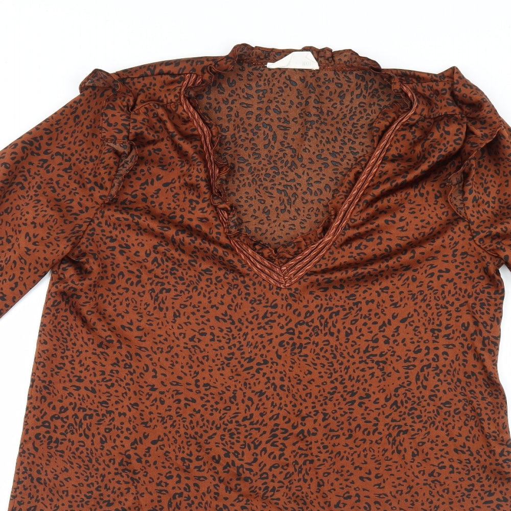 indie + Moi Womens Brown Animal Print  Basic Blouse